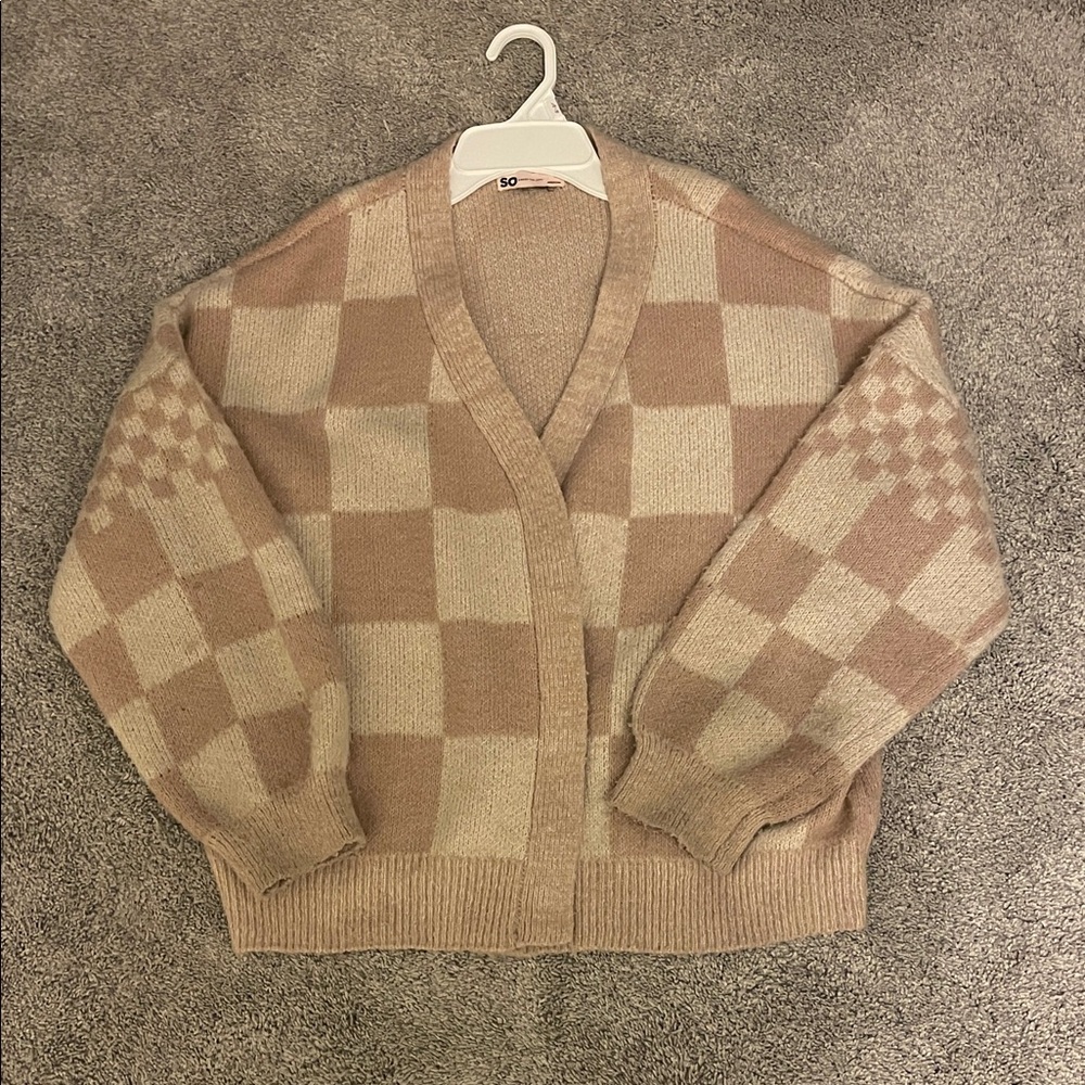 SO Women's Checkered Cardigan - Beige and Cream